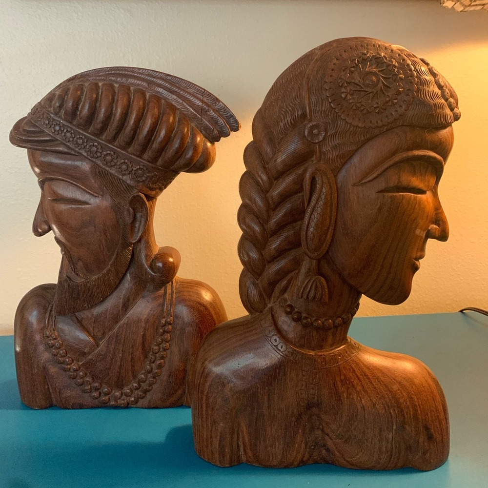 Lot of 2 (teak?) intricately carved vintage wood busts